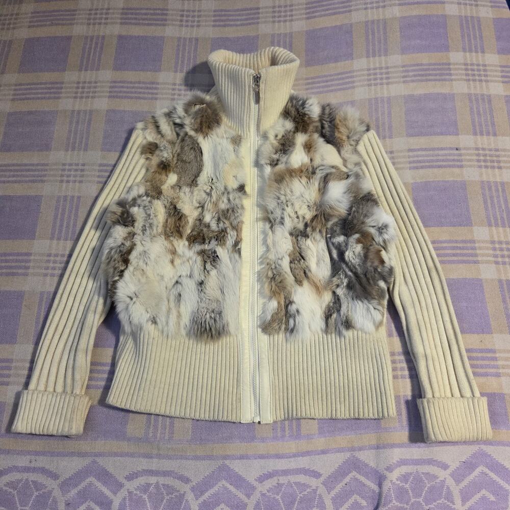 Jennyfer J Rabbit Fur Zip Up Knit Cream Cardigan Sweater Jacket Knit 2X 2XL XL